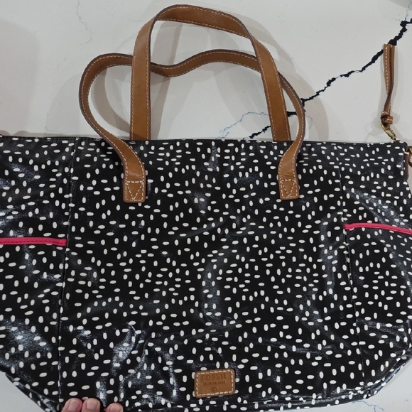 Fossil Black and White Speckled Tote with Tan Handles - Picture 1 of 6